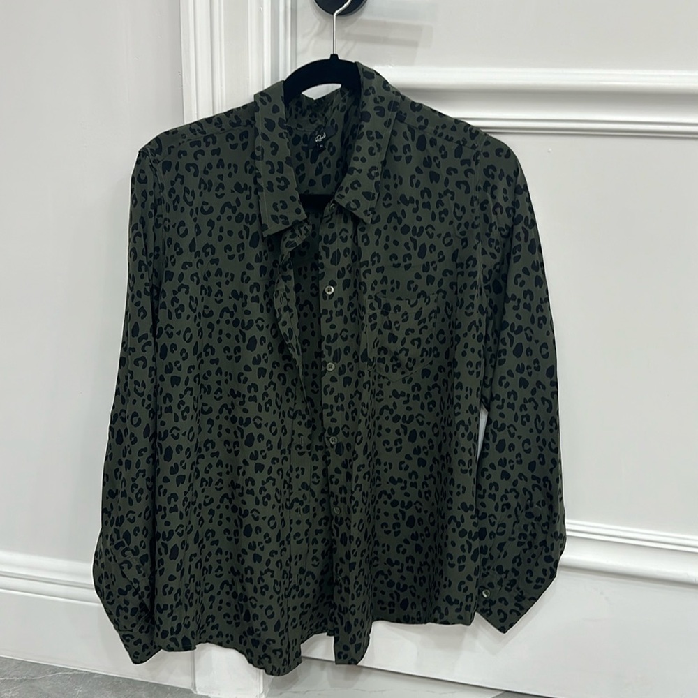 Rails Green Black Kate Olive Batik Cheetah 100% Silk Button Down Shirt XL